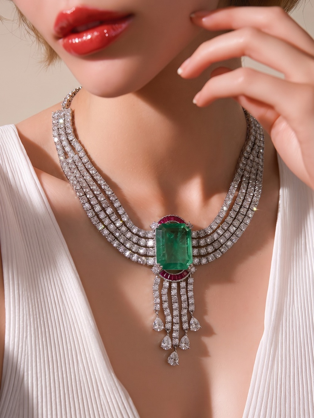 Emerald Centerpiece Multi-Row Crystal Necklace - Green